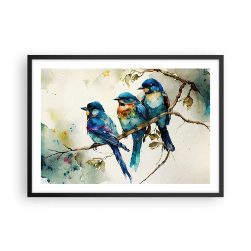 Affiche dans un cadre noir - Poster - Trois oiseaux colorés sur une branche dans un style aquarelle - 70x50cm - A-t-il été offensé ? - Décoration murale moderne pour le salon et la chambre ARTTOR
