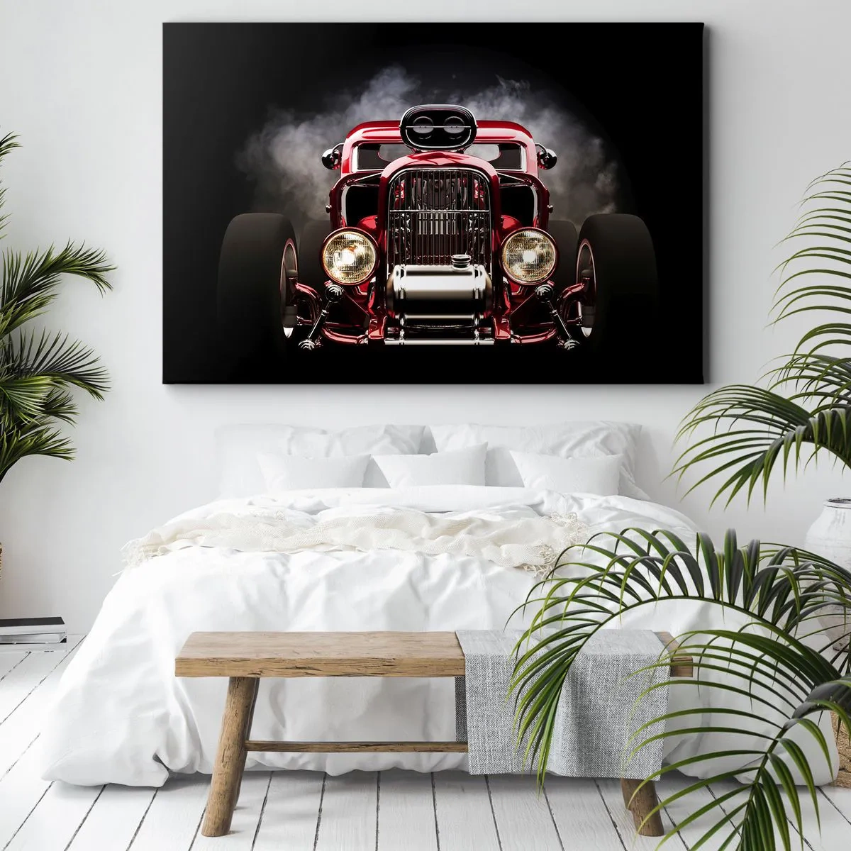 Impression sur toile - Image sur toile - Voiture de course classique rouge sur fond sombre - 70x50cm - Rapide et furieusement beau - Décoration murale moderne pour le salon et la chambre ARTTOR