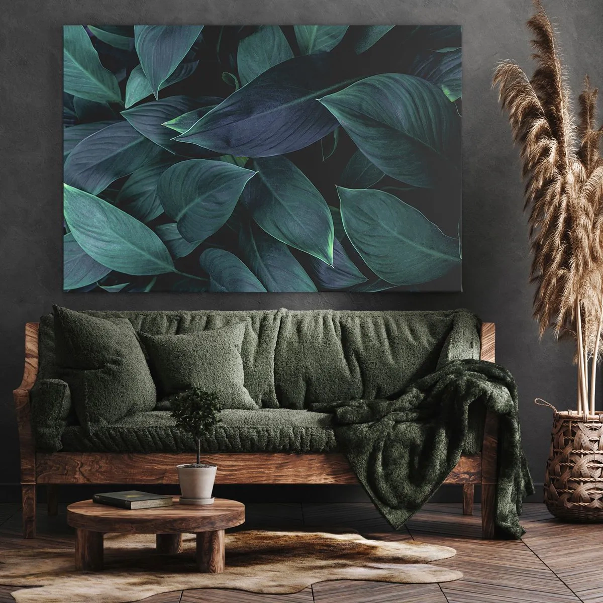 Impression sur toile - Image sur toile - Gros plan de feuilles vertes sur fond sombre - 100x70cm - le vert lui-même - Décoration murale moderne pour le salon et la chambre ARTTOR