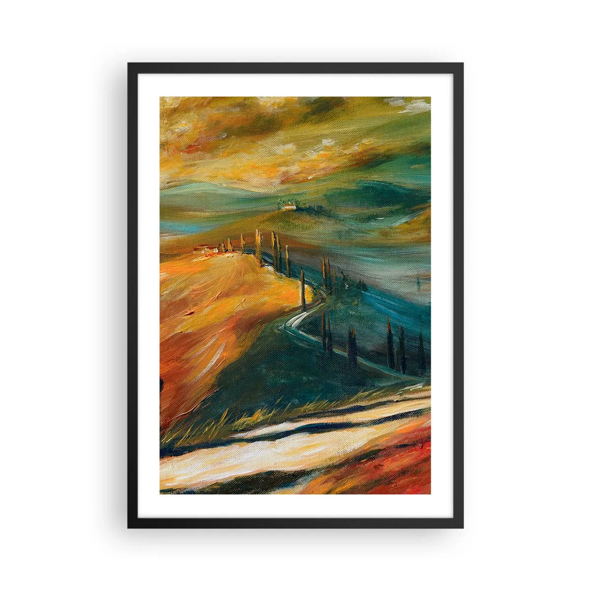 Affiche dans un cadre noir - Poster - Un paysage aux couleurs intenses, une route à travers les collines - 50x70cm - paysage toscan - Décoration murale moderne pour le salon et la chambre ARTTOR