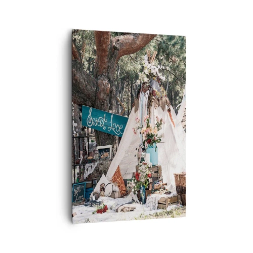 Impression sur toile - Image sur toile - Décoration bohème avec un tipi dans la forêt - 80x120cm - Make love… - Décoration murale moderne pour le salon et la chambre ARTTOR