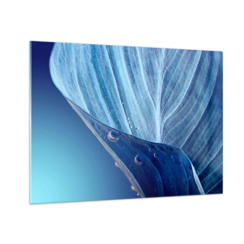 Impression sur verre - Image sur verre - Une feuille dans des tons bleus avec des gouttes d'eau sur un fond dégradé. - 70x50cm - Gouttes cachées du bleu - Décoration murale moderne pour le salon et la chambre ARTTOR