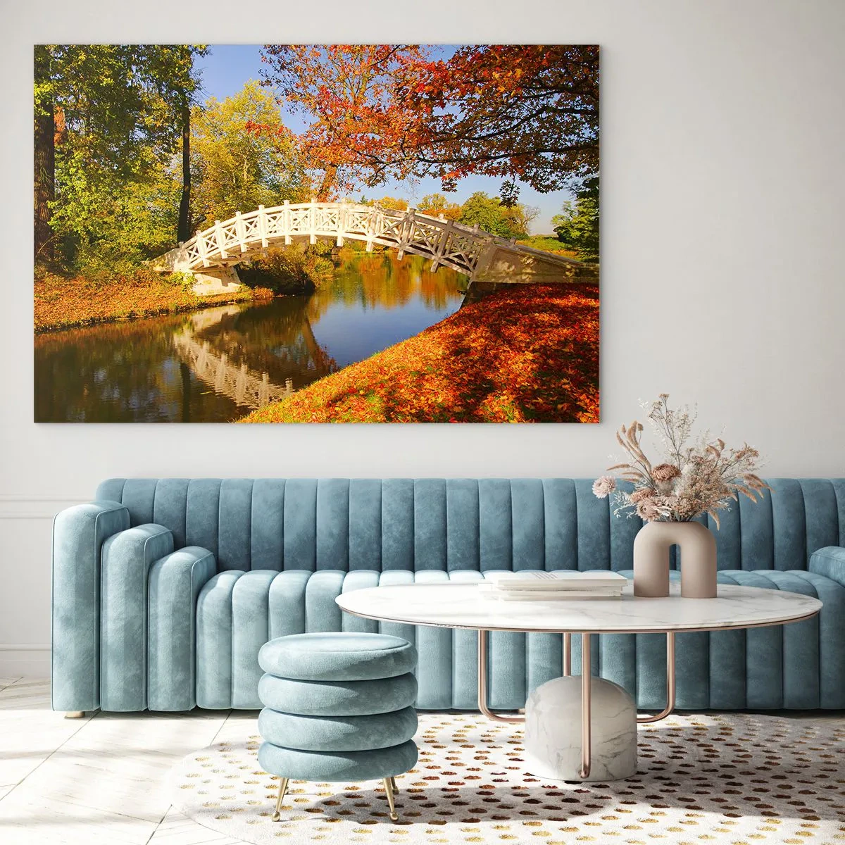 Impression sur verre - Image sur verre - Un pont en bois sur une rivière entourée de couleurs d'automne - 120x80cm - Sur le pont blanc des soupirs - Décoration murale moderne pour le salon et la chambre ARTTOR