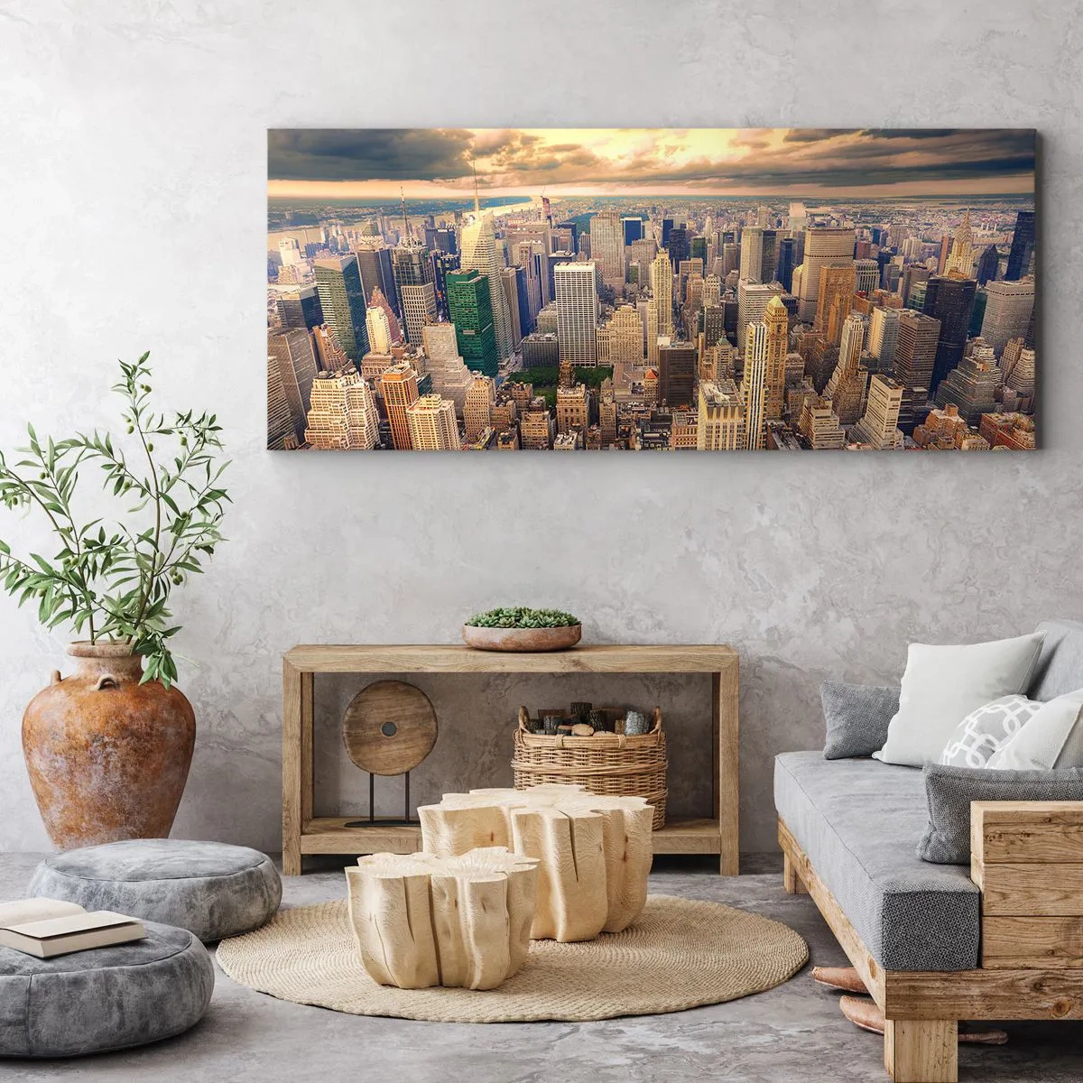 Impression sur toile - Image sur toile - Panorama de la ville avec vue sur les gratte-ciels au coucher du soleil - 160x50cm - Métropole dorée - Décoration murale moderne pour le salon et la chambre ARTTOR