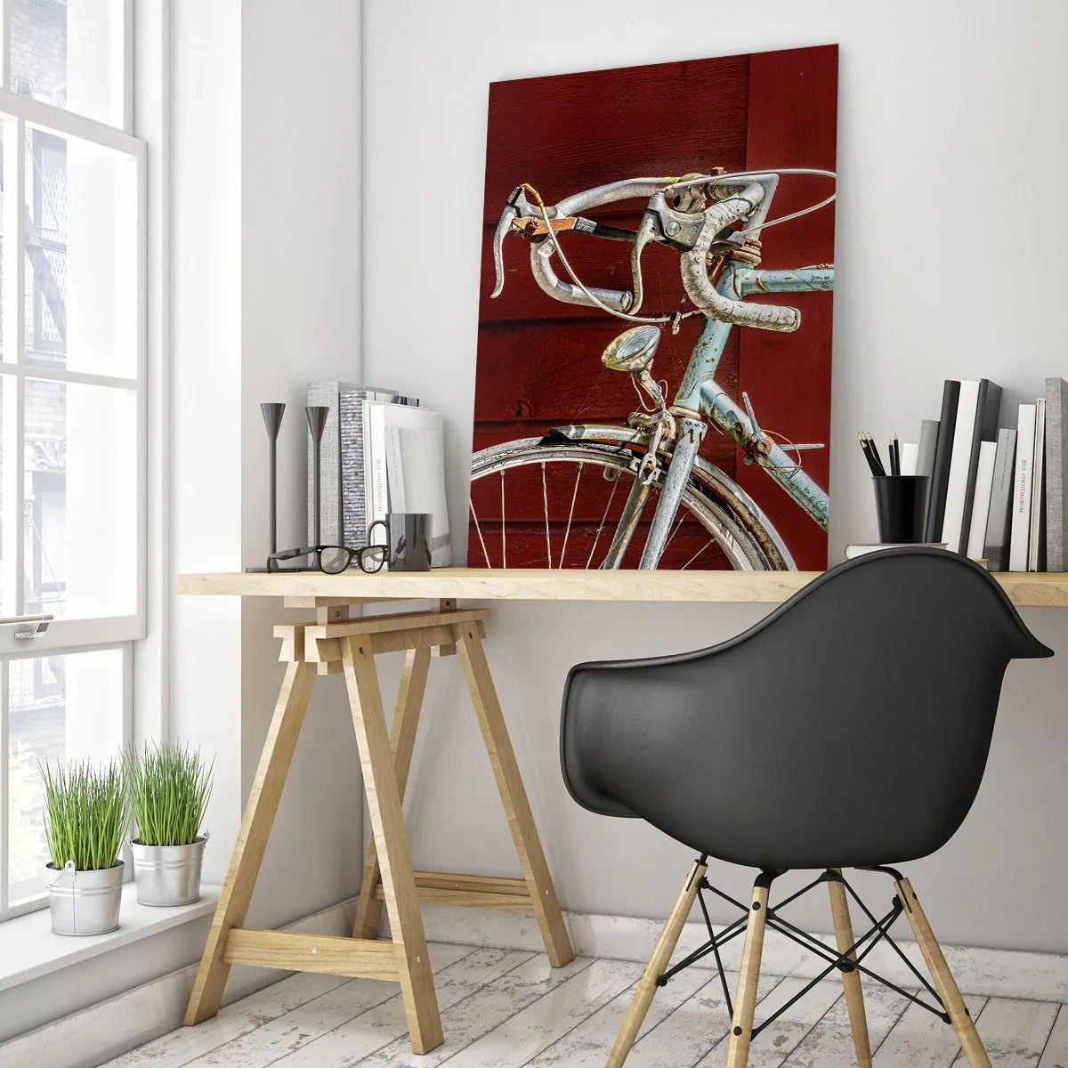 Impression sur verre - Image sur verre - Un vieux vélo de route des années 1970 contre un mur en bois rouge - 50x70cm - Construit pour la victoire - Décoration murale moderne pour le salon et la chambre ARTTOR