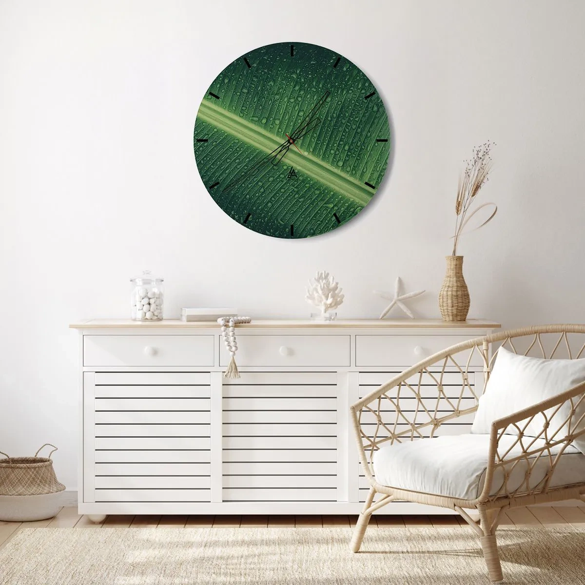 Horloge murale - Pendule murale - Gros plan d'une feuille avec des gouttes de rosée - 30x30cm - Structure de vert - Décoration murale moderne pour le salon, la cuisine et la chambre ARTTOR