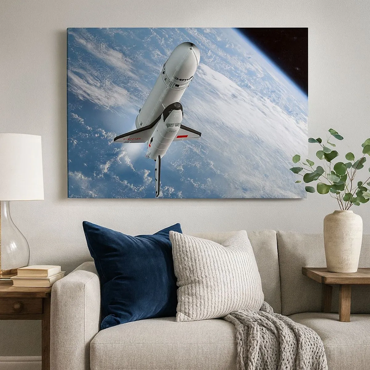 Impression sur toile - Image sur toile - Une fusée spatiale s'élevant devant la Terre en arrière-plan - 70x50cm - Ascension cosmique - Décoration murale moderne pour le salon et la chambre ARTTOR