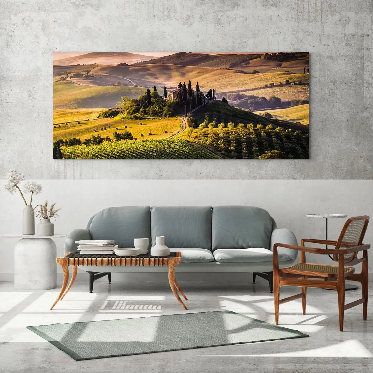 Impression sur verre - Image sur verre - Paysage toscan avec des vignes et une maison sur une colline - 140x50cm - Arcadie - le paysage toscan - Décoration murale moderne pour le salon et la chambre ARTTOR