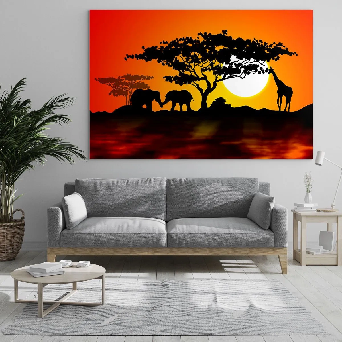 Impression sur verre - Image sur verre - Paysage africain avec arbres et animaux au coucher du soleil - 70x50cm - Rencontre dans la savane - Décoration murale moderne pour le salon et la chambre ARTTOR