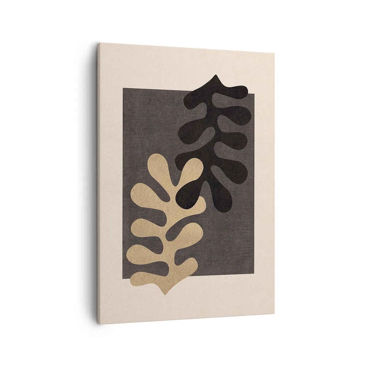 Impression sur toile - Image sur toile - Feuilles abstraites en noir et beige sur un fond rectangulaire - 50x70cm - Absence et complément - Décoration murale moderne pour le salon et la chambre ARTTOR