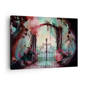 Impression sur toile - Image sur toile - Une entrée magique avec un portail en fer forgé entouré d'une végétation mystérieuse - 70x50cm - Jardin secret - Décoration murale moderne pour le salon et la chambre ARTTOR