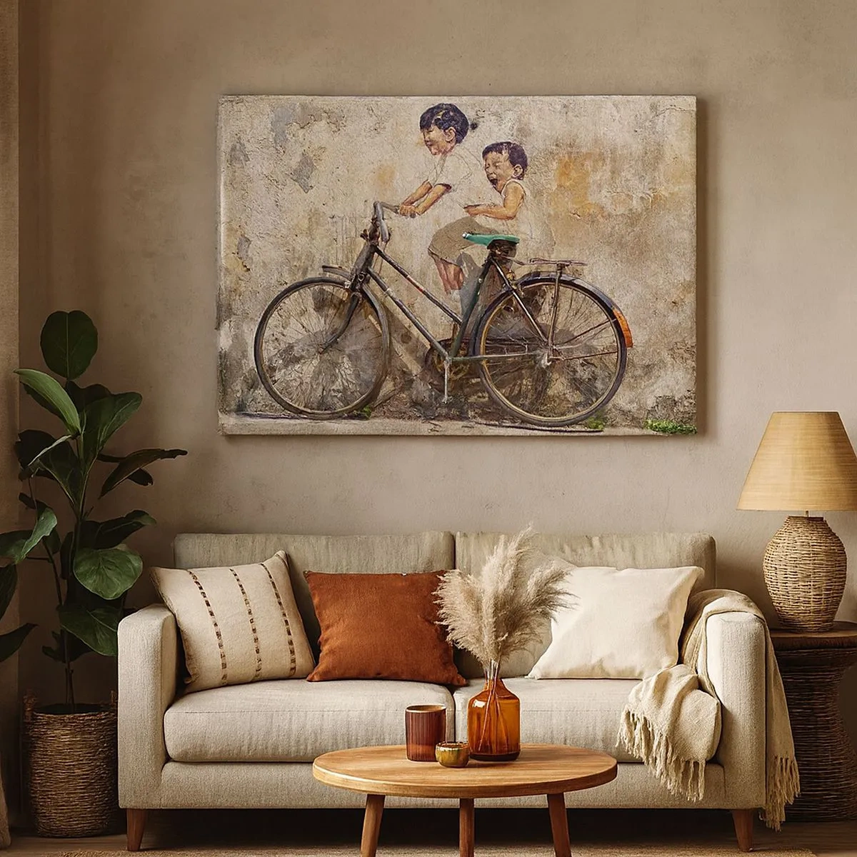 Impression sur toile - Image sur toile - Street art avec un vélo et des dessins d'enfants sur le mur - 70x50cm - Vrai ou faux? - Décoration murale moderne pour le salon et la chambre ARTTOR