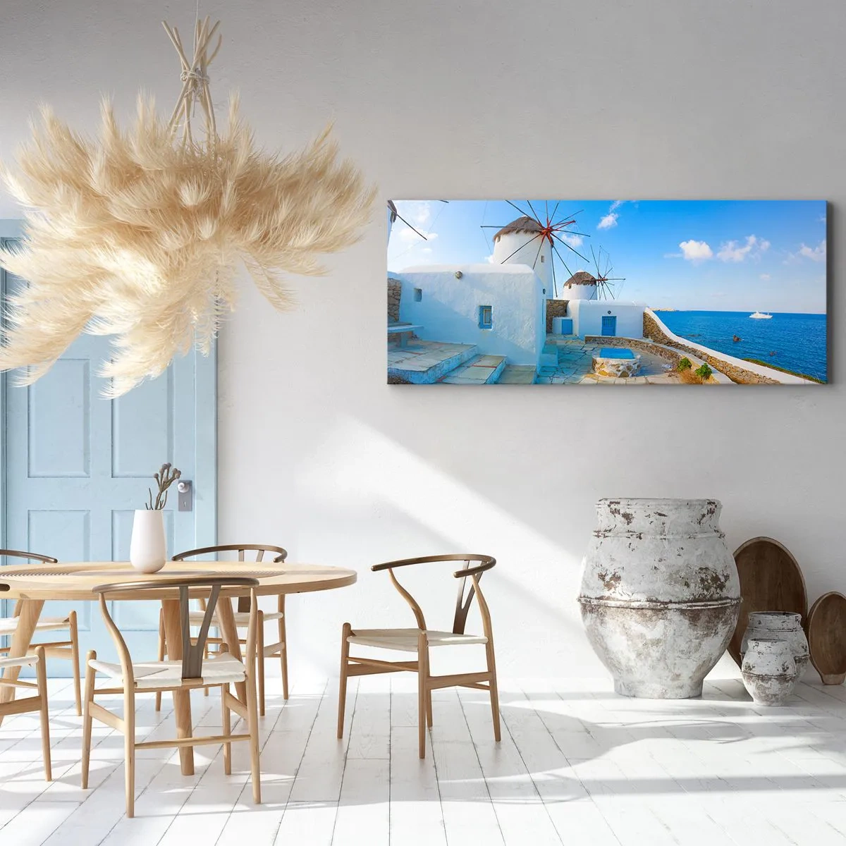 Impression sur toile - Image sur toile - Des moulins à vent blancs sur les rives de la mer bleue - 160x50cm - Le vent bleu de la mer - Décoration murale moderne pour le salon et la chambre ARTTOR