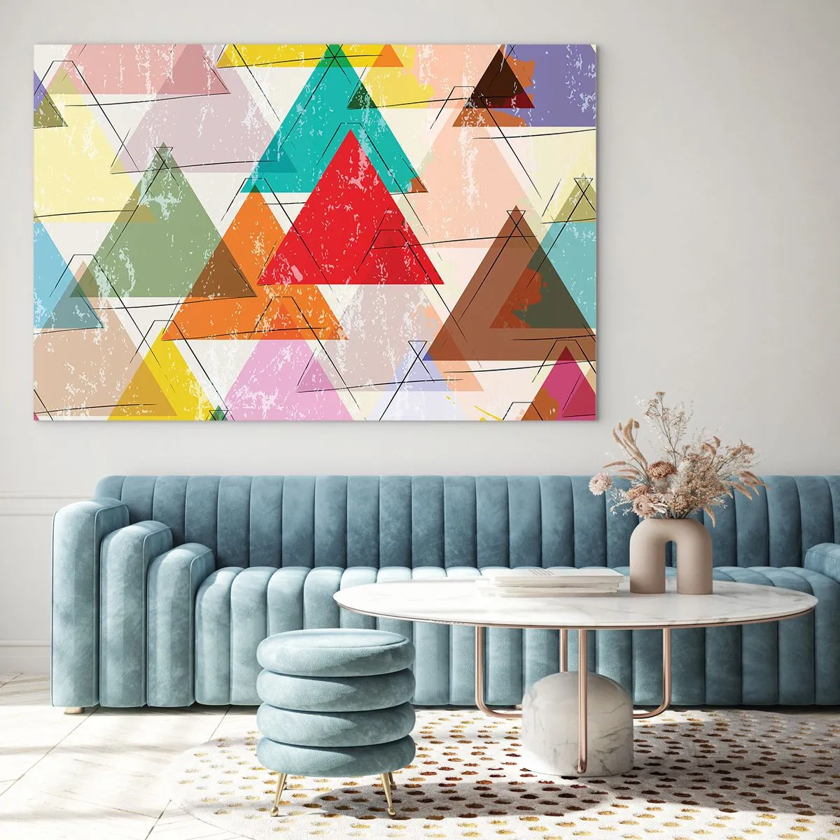 Impression sur verre - Image sur verre - Motif abstrait de triangles de différentes couleurs - 120x80cm - Trois par trois - Décoration murale moderne pour le salon et la chambre ARTTOR