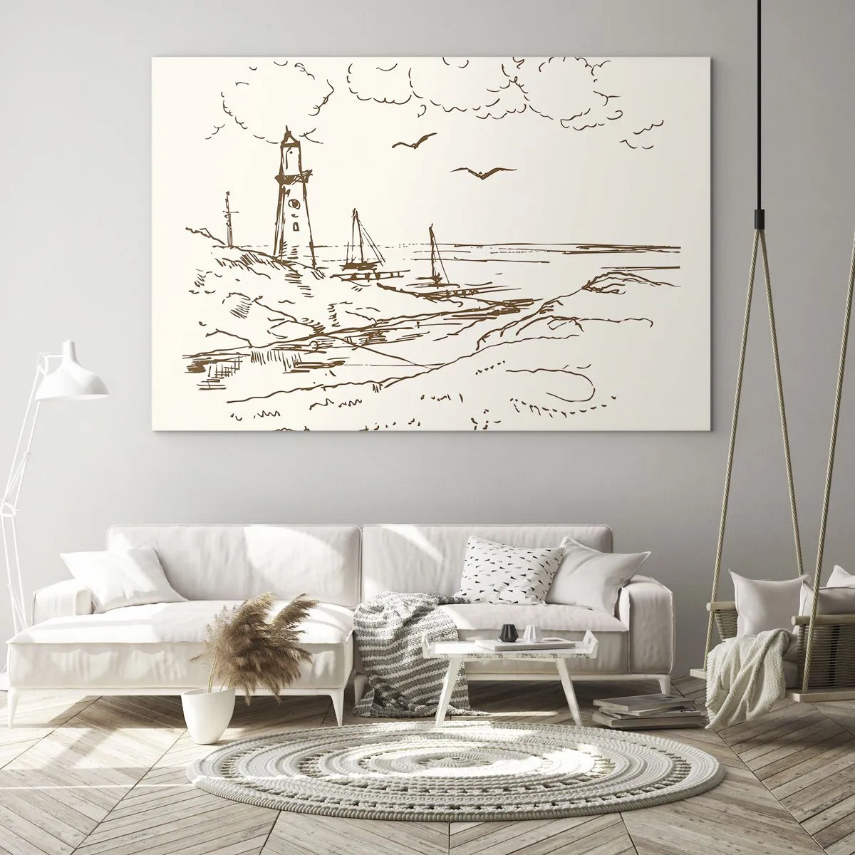 Impression sur verre - Image sur verre - Croquis d'un phare dans un paysage balnéaire - 70x50cm - Esquisse de souvenirs d'été - Décoration murale moderne pour le salon et la chambre ARTTOR