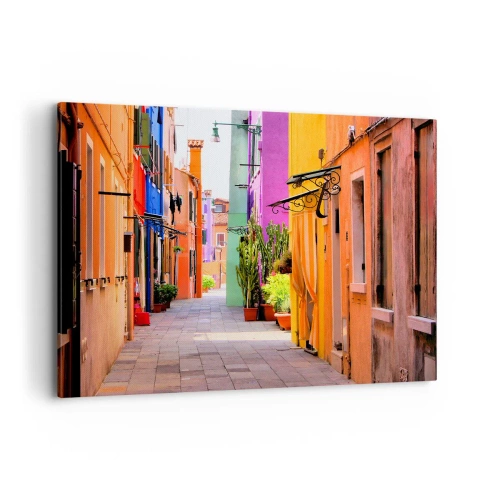 Impression sur toile - Image sur toile - Une rue colorée avec des immeubles aux tons clairs - 120x80cm - Allée arc-en-ciel - Décoration murale moderne pour le salon et la chambre ARTTOR