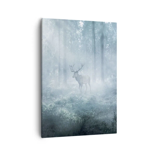 Impression sur toile - Image sur toile - Un cerf dans une forêt dense enveloppée de brume matinale - 50x70cm - Visite matinale du domaine - Décoration murale moderne pour le salon et la chambre ARTTOR