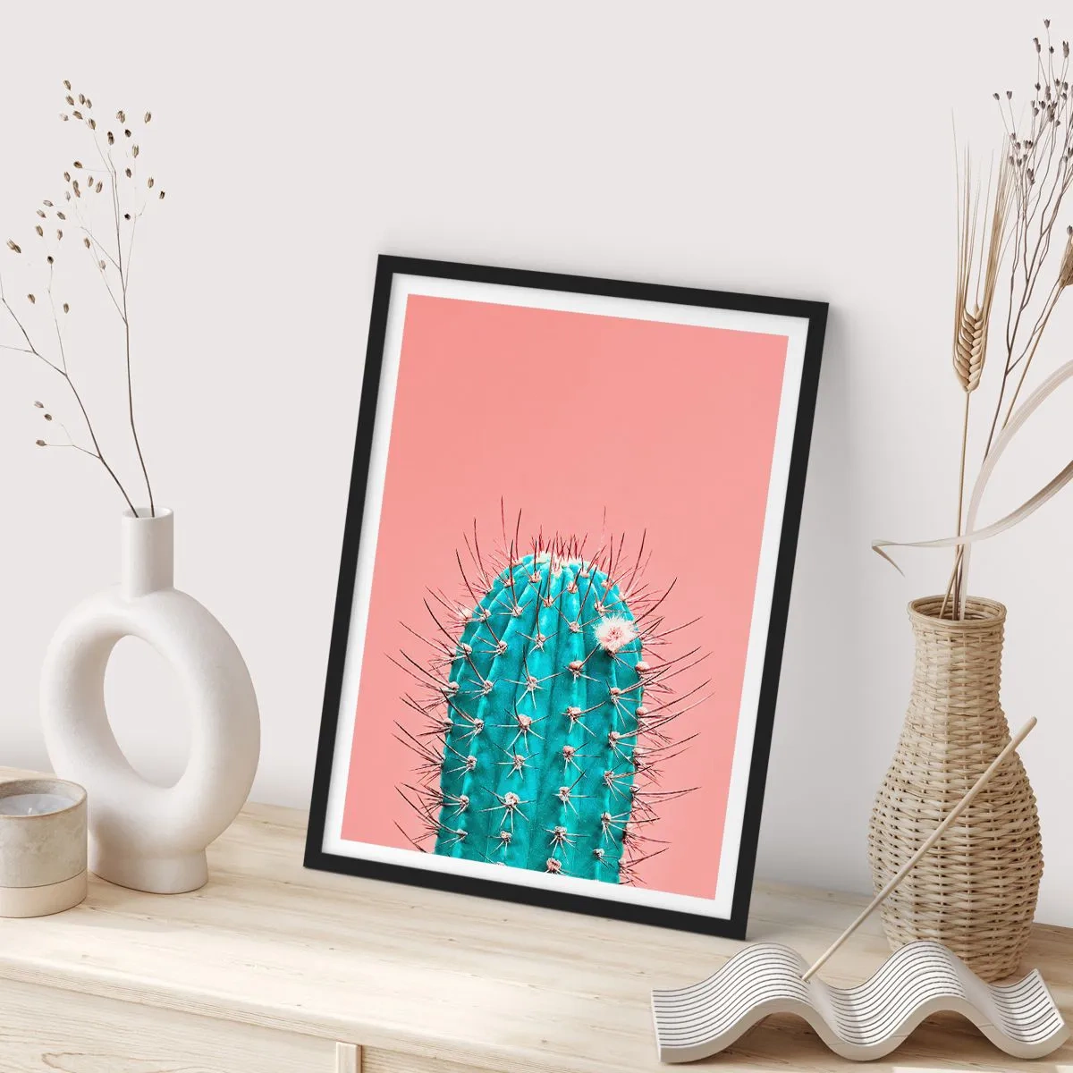 Affiche dans un cadre noir - Poster - Cactus turquoise sur fond rose - 50x70cm - Juste regarde - Décoration murale moderne pour le salon et la chambre ARTTOR