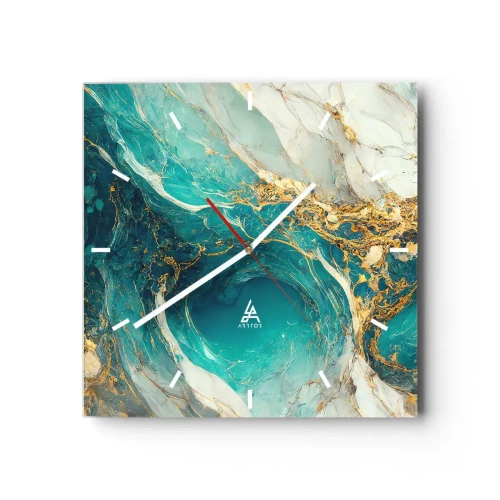 Horloge murale - Pendule murale - Une composition abstraite dans des tons turquoise et or. - 30x30cm - Composition en veines d'or - Décoration murale moderne pour le salon et la chambre ARTTOR