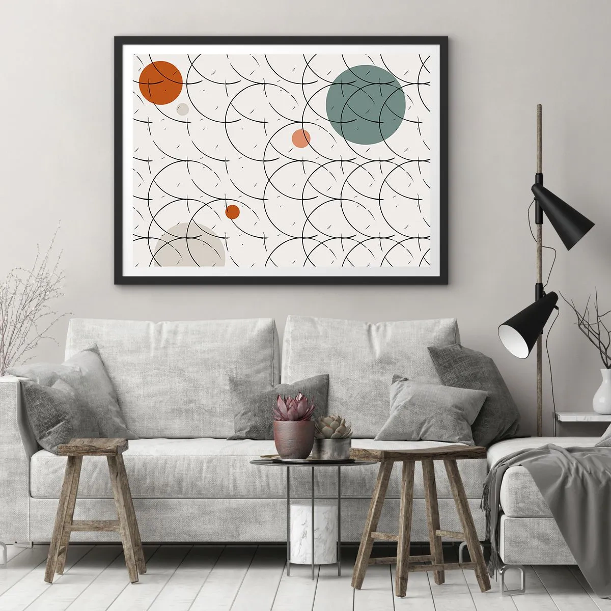 Affiche dans un cadre noir - Poster - Motif géométrique avec des cercles colorés sur un fond clair - 100x70cm - Dans l'esprit pop art - Décoration murale moderne pour le salon et la chambre ARTTOR