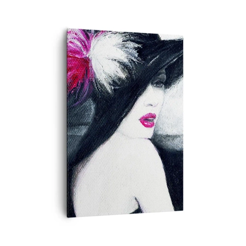 Impression sur toile - Image sur toile - Femme élégante avec un chapeau à plumes - 70x100cm - Toujours un secret - Décoration murale moderne pour le salon et la chambre ARTTOR