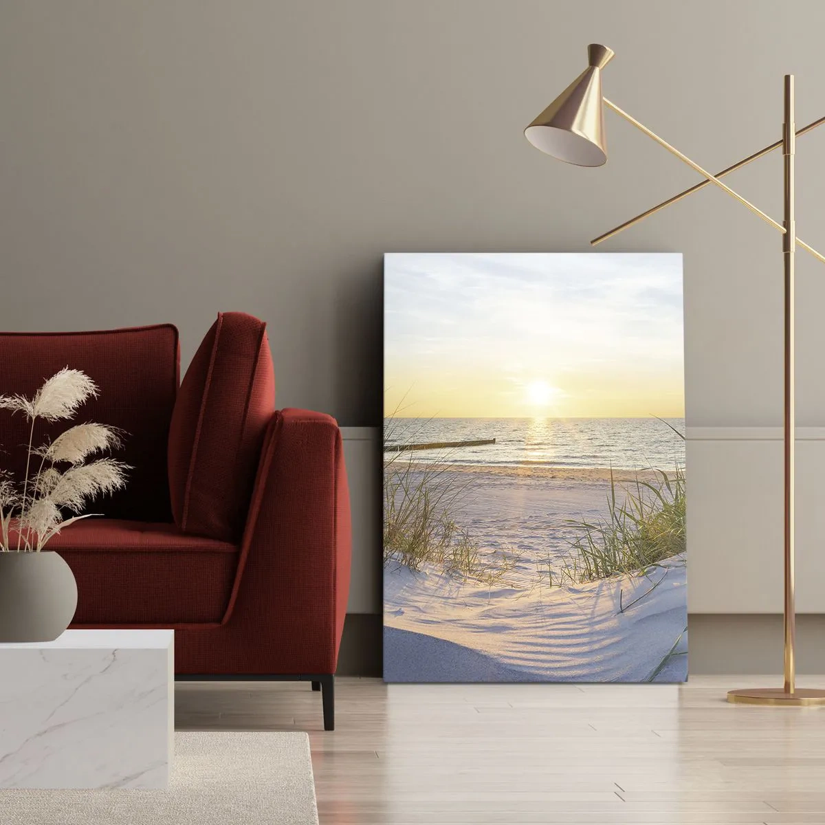 Impression sur toile - Image sur toile - Une plage de sable avec vue sur le coucher de soleil sur la mer - 50x70cm - Le bruit de la mer, le chant des oiseaux, une plage sauvage parmi les herbes… - Décoration murale moderne pour le salon et la chambre ARTT