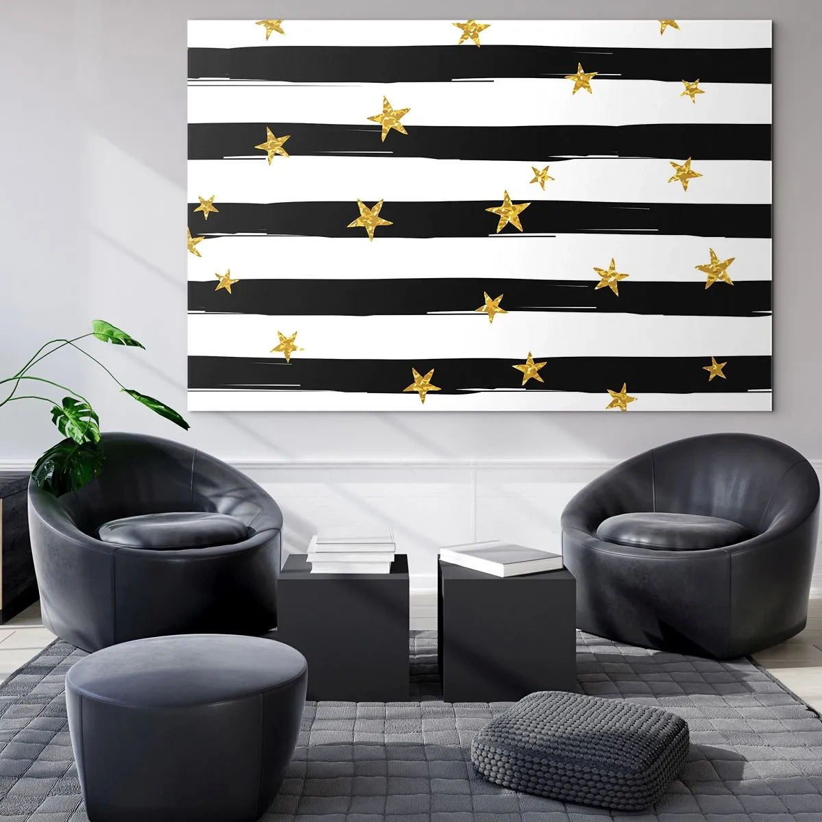 Impression sur verre - Image sur verre - Rayures noires et blanches avec étoiles dorées - 70x50cm - Nous sommes tous nés sous une bonne étoile - Décoration murale moderne pour le salon et la chambre ARTTOR