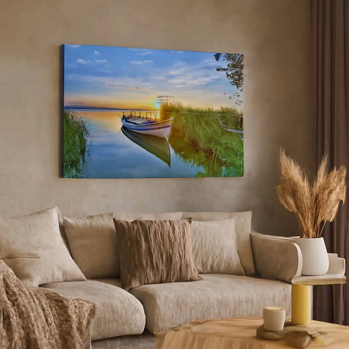 Impression sur toile - Image sur toile - Un bateau dans une baie tranquille au coucher du soleil - 70x50cm - La crique où les rêves deviennent réalité - Décoration murale moderne pour le salon et la chambre ARTTOR