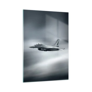 Impression sur verre - Image sur verre - Un avion de chasse en vol contre un ciel nuageux - 50x70cm - Acceptez-vous le défi? - Décoration murale moderne pour le salon et la chambre ARTTOR