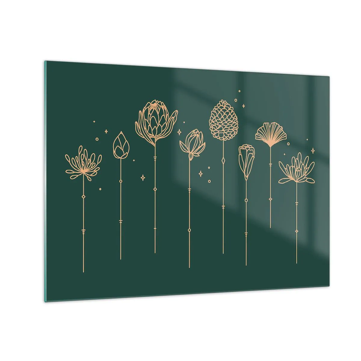 Impression sur verre - Image sur verre - Contours dorés d'herbes et de fleurs sur un fond vert foncé - 70x50cm - La famille Plante - Décoration murale moderne pour le salon et la chambre ARTTOR