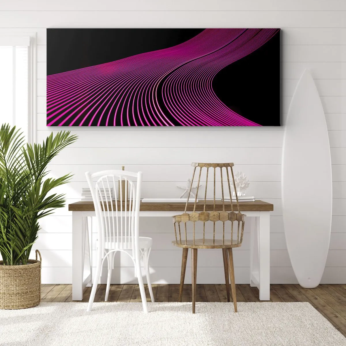 Impression sur toile - Image sur toile - Lignes futuristes dans des tons de rose sur fond noir - 160x50cm - Avenue de lumière - Décoration murale moderne pour le salon et la chambre ARTTOR
