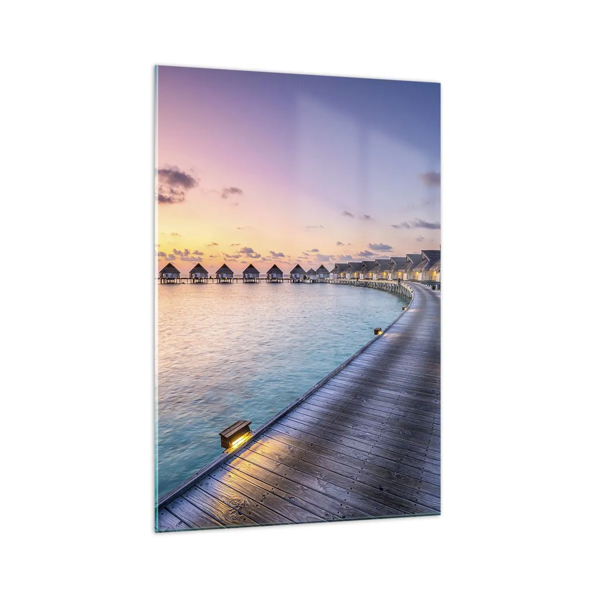 Impression sur verre - Image sur verre - La jetée menant aux chalets au bord de l'eau au coucher du soleil - 70x100cm - Vacances - retour aux sources - Décoration murale moderne pour le salon et la chambre ARTTOR
