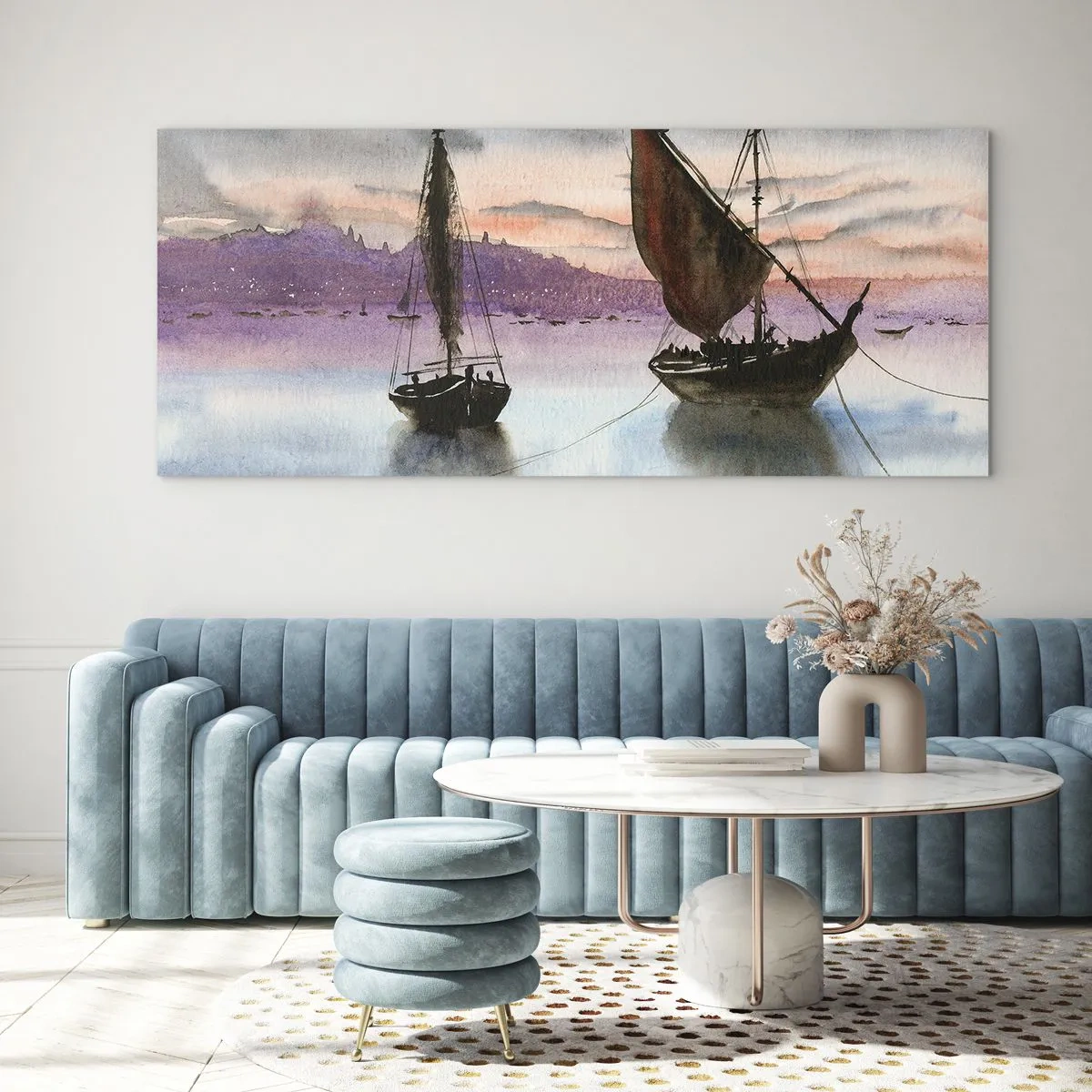 Impression sur verre - Image sur verre - Deux voiliers amarrés sur une eau calme au crépuscule - 140x50cm - Soirée au port - Décoration murale moderne pour le salon et la chambre ARTTOR