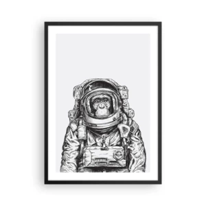 Affiche dans un cadre noir - Poster - Un singe en combinaison spatiale sur fond blanc - 50x70cm - Évolution alternative - Décoration murale moderne pour le salon et la chambre ARTTOR