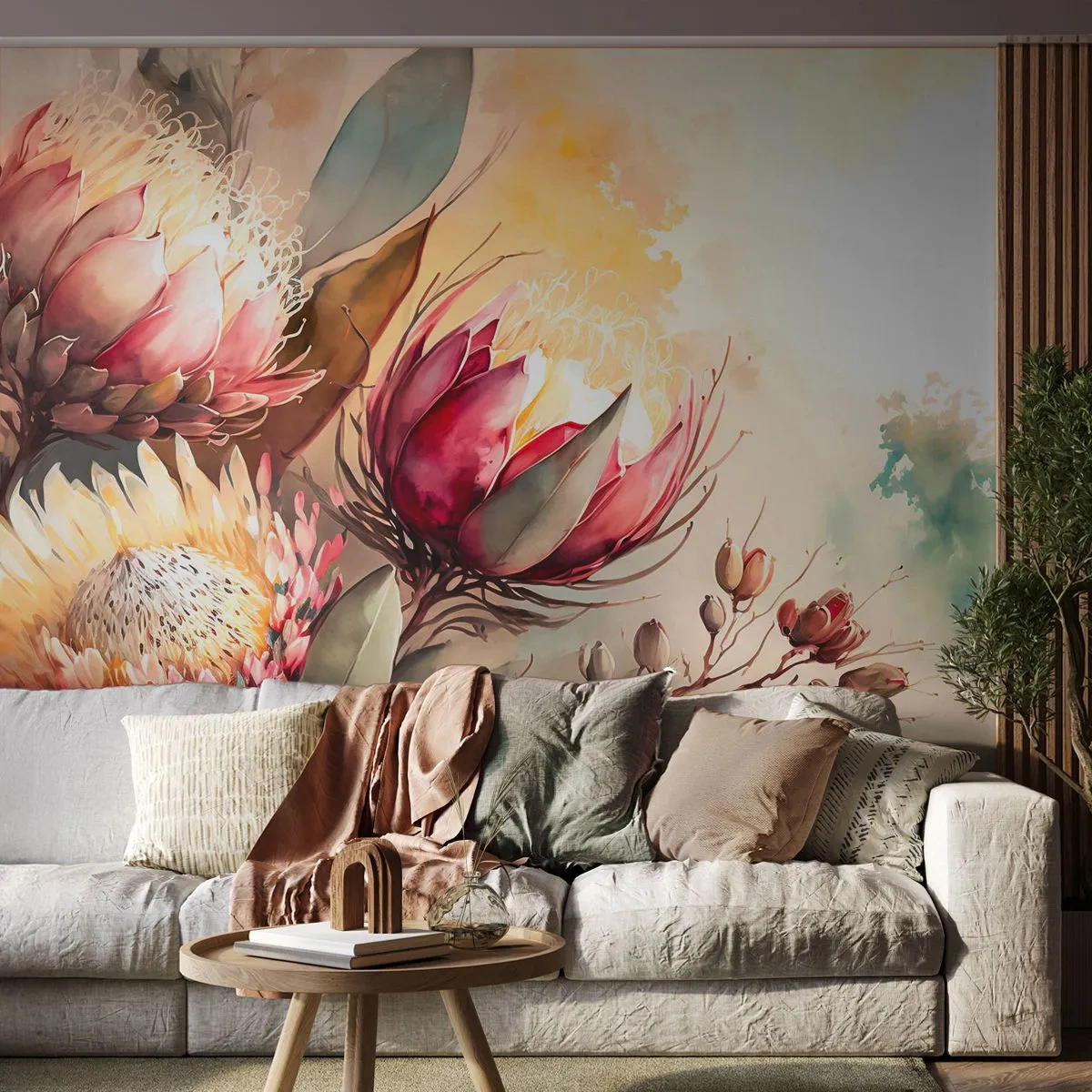 Papier Peint Photo Premium Sand - Fleurs de Protea sur un fond aquarelle clair - 100x70cm - De profil et de face - Décoration murale moderne pour le salon et la chambre ARTTOR
