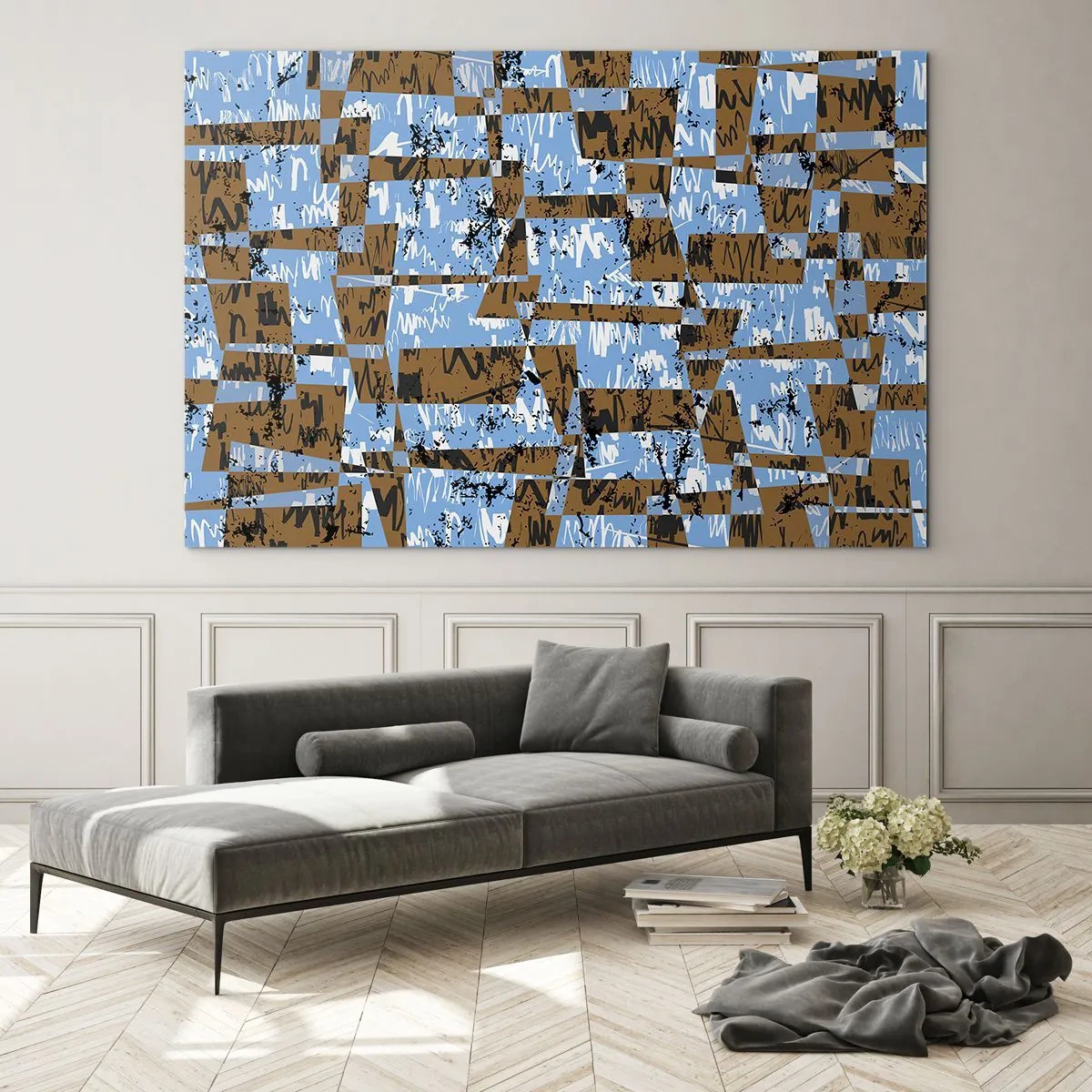 Impression sur verre - Image sur verre - Abstraction géométrique avec des nuances de bleu et de marron - 100x70cm - Une découpe non humaine - Décoration murale moderne pour le salon et la chambre ARTTOR