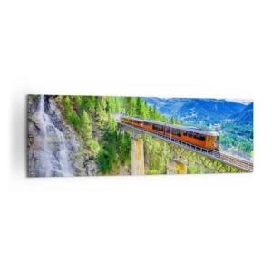 Impression sur toile - Image sur toile - Des montagnes russes sur un pont avec vue sur une cascade et des montagnes - 160x50cm - Train dans les Alpes - Décoration murale moderne pour le salon et la chambre ARTTOR