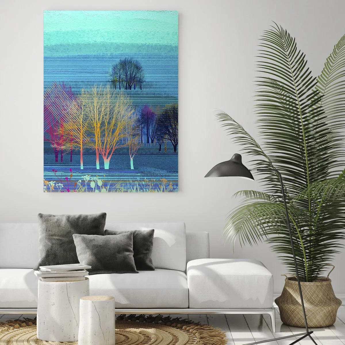 Impression sur verre - Image sur verre - Un paysage coloré avec des arbres sur un fond de tons bleus - 50x70cm - Un paysage soigné - Décoration murale moderne pour le salon et la chambre ARTTOR