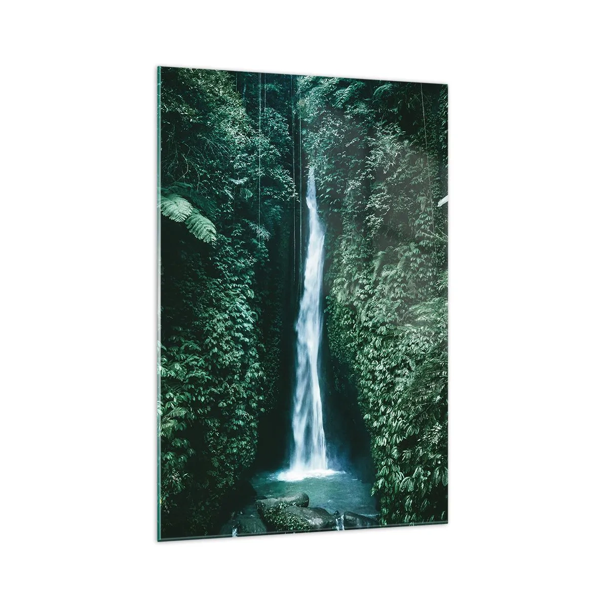 Impression sur verre - Image sur verre - Une cascade entourée d'une végétation tropicale dense - 70x100cm - Fontaine tropicale - Décoration murale moderne pour le salon et la chambre ARTTOR