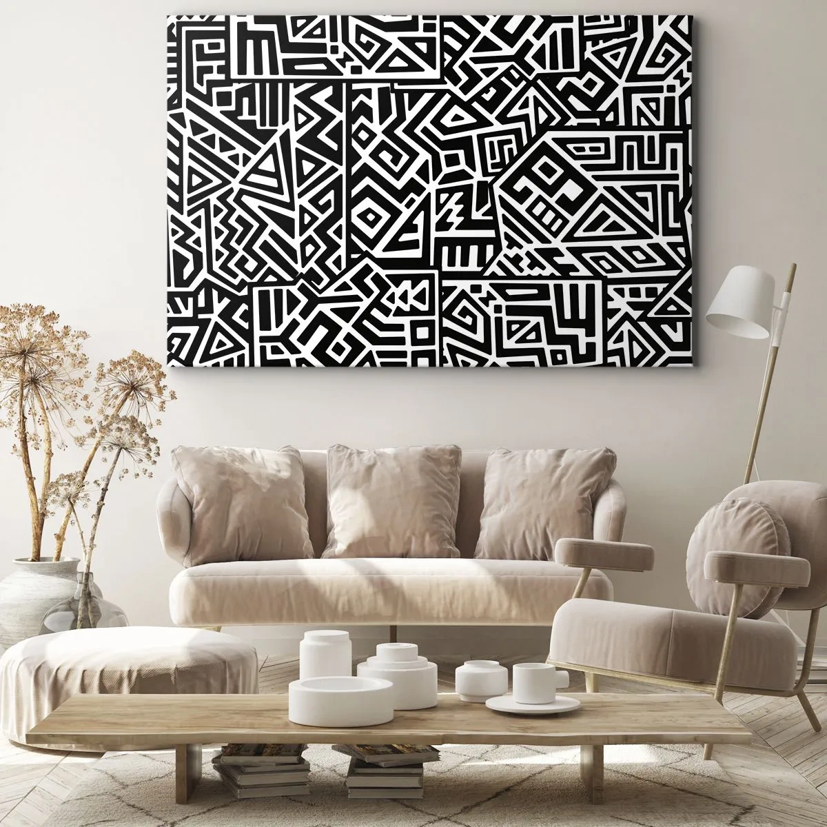 Impression sur toile - Image sur toile - Motifs géométriques noirs et blancs inspirés de la culture précolombienne - 70x50cm - Composition précolombienne - Décoration murale moderne pour le salon et la chambre ARTTOR