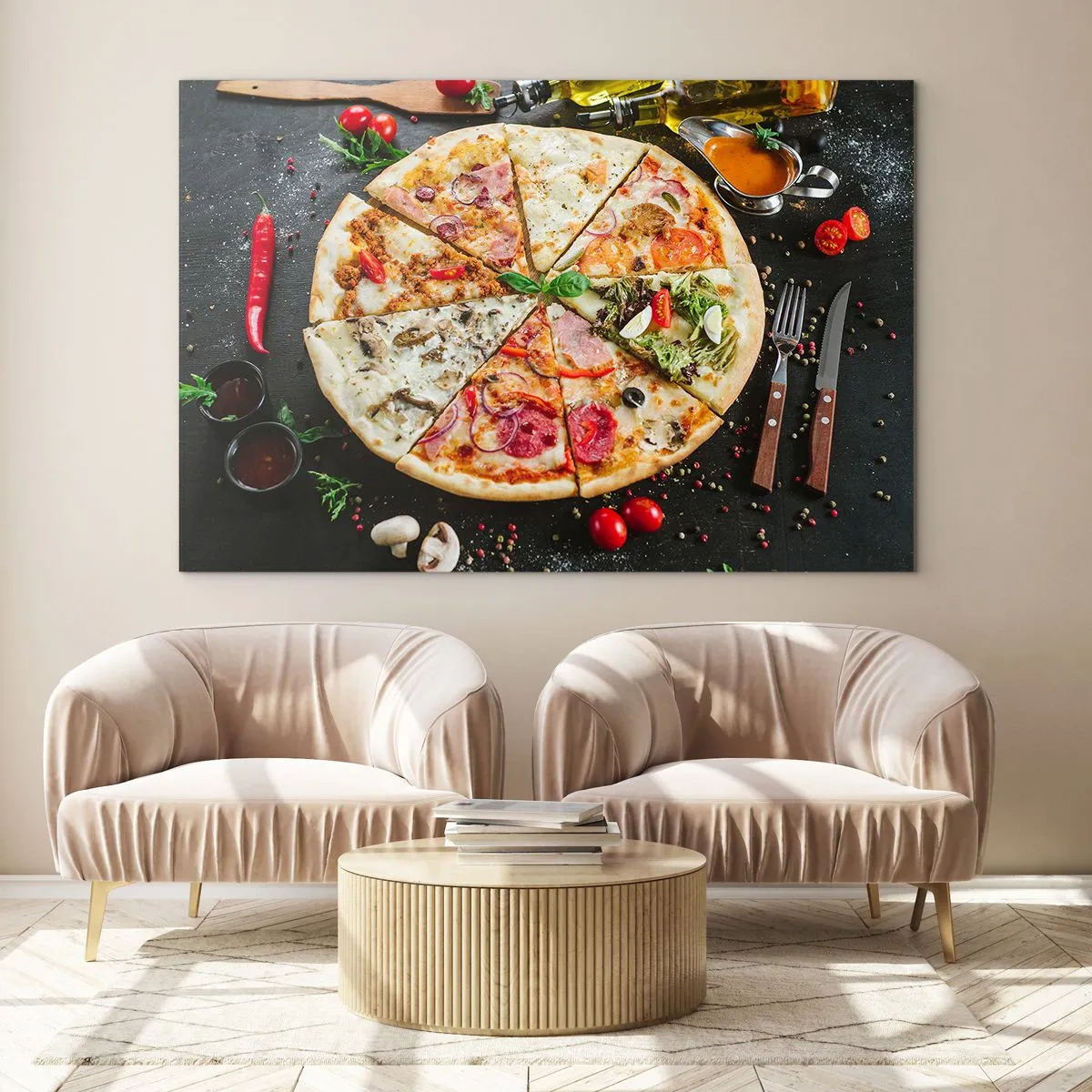 Impression sur verre - Image sur verre - Pizza aux saveurs variées avec garnitures sur fond sombre - 70x50cm - Une gamme de saveurs - Décoration murale moderne pour le salon et la chambre ARTTOR