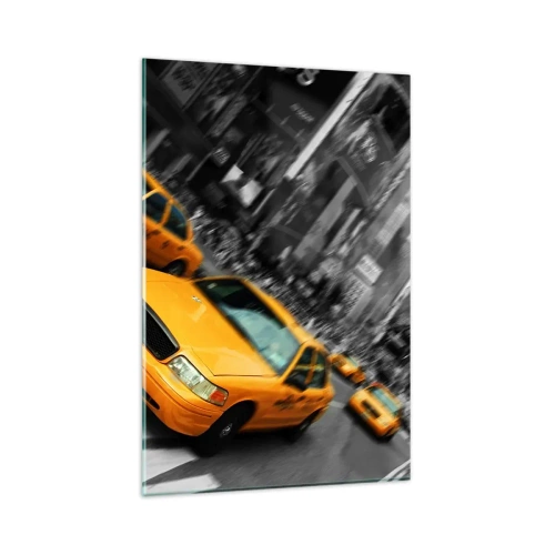 Impression sur verre - Image sur verre - Des taxis jaunes à une intersection très fréquentée de la ville - 80x120cm - Gouttes de soleil New-Yorkaise - Décoration murale moderne pour le salon et la chambre ARTTOR
