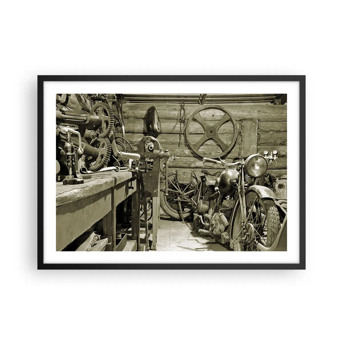 Affiche dans un cadre noir - Poster - Atelier rétro avec motos et outils - 70x50cm - Dans le hangar de l'oncle Władek - Décoration murale moderne pour le salon et la chambre ARTTOR