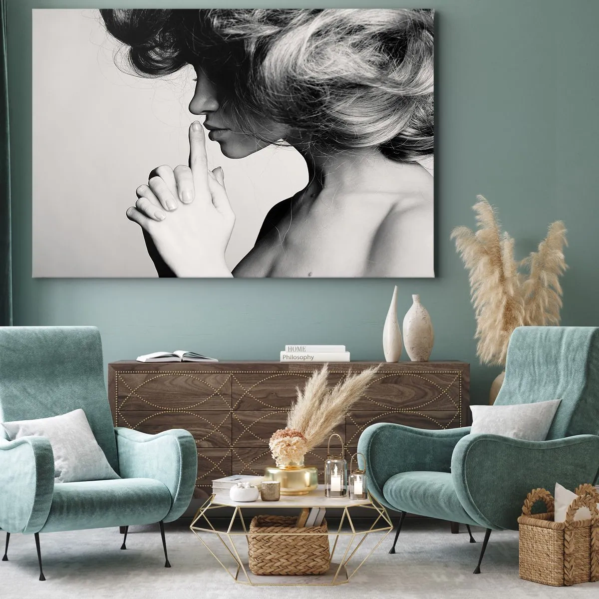 Impression sur toile - Image sur toile - Profil noir et blanc d'une femme faisant un geste de silence - 100x70cm - A l'écoute d'elle-même - Décoration murale moderne pour le salon et la chambre ARTTOR