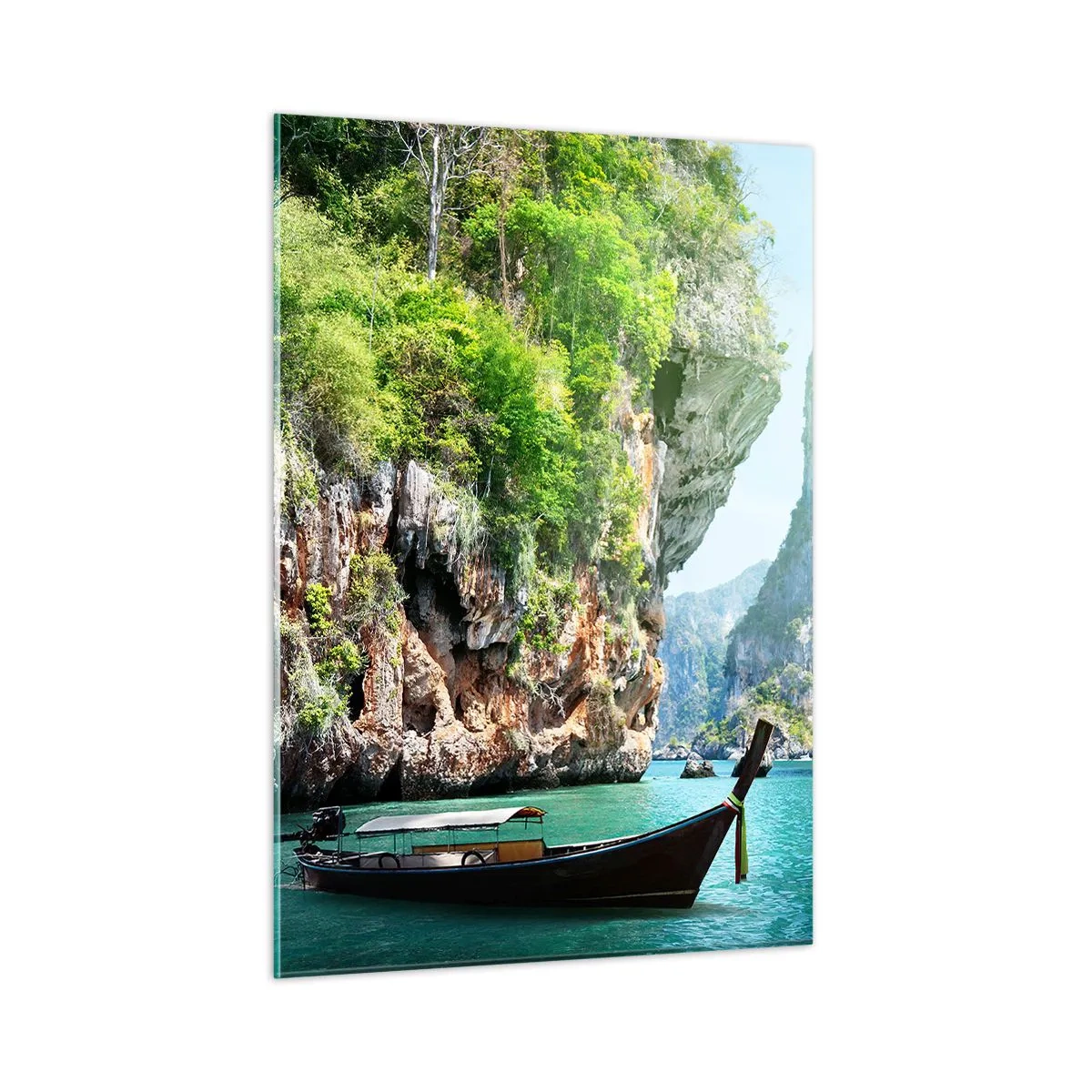 Impression sur verre - Image sur verre - Un bateau traditionnel sur une eau turquoise entre des falaises - 50x70cm - Une invitation à un voyage exotique - Décoration murale moderne pour le salon et la chambre ARTTOR