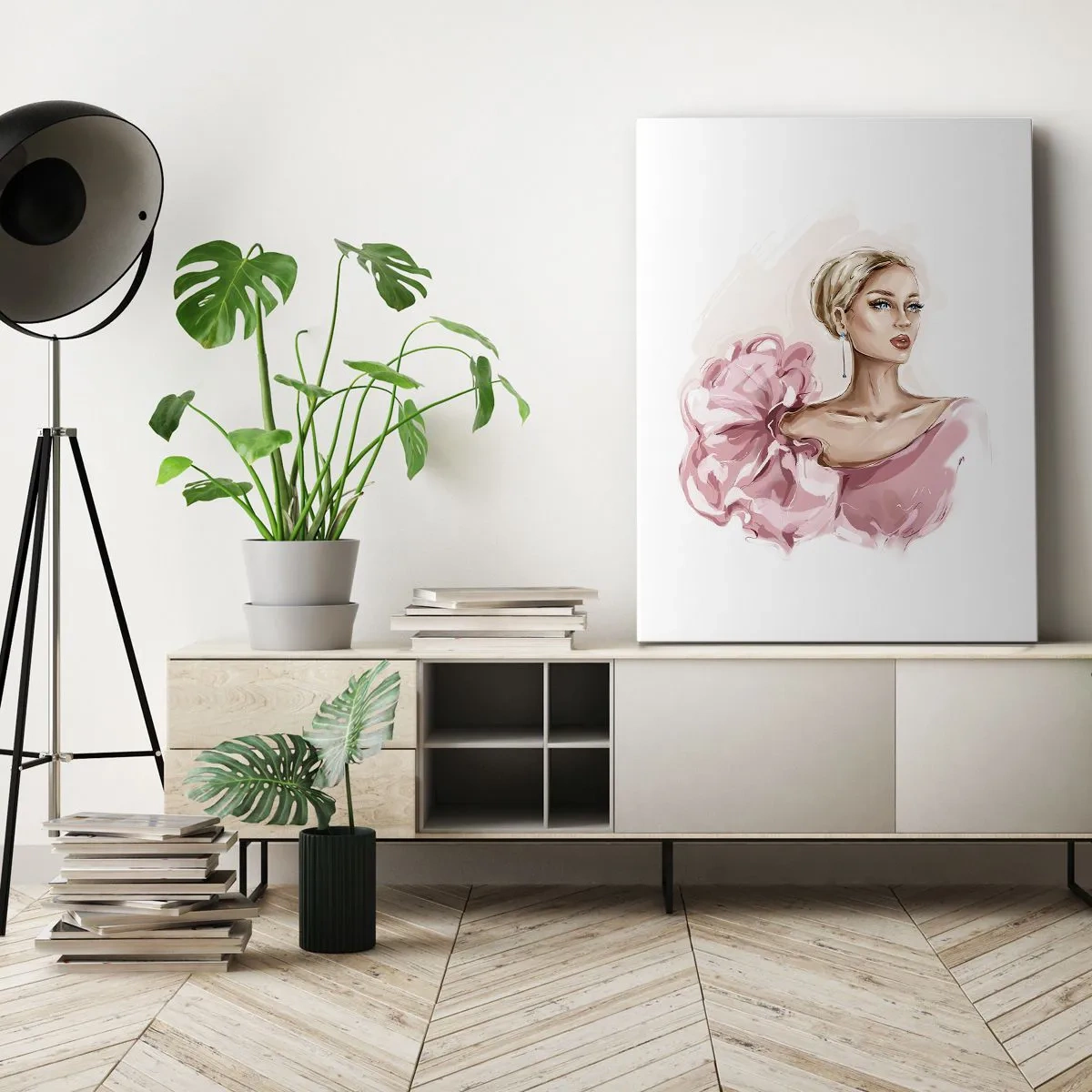Impression sur toile - Image sur toile - Portrait d'une femme en robe rose sur fond clair - 50x70cm - Comme peinte... - Décoration murale moderne pour le salon et la chambre ARTTOR