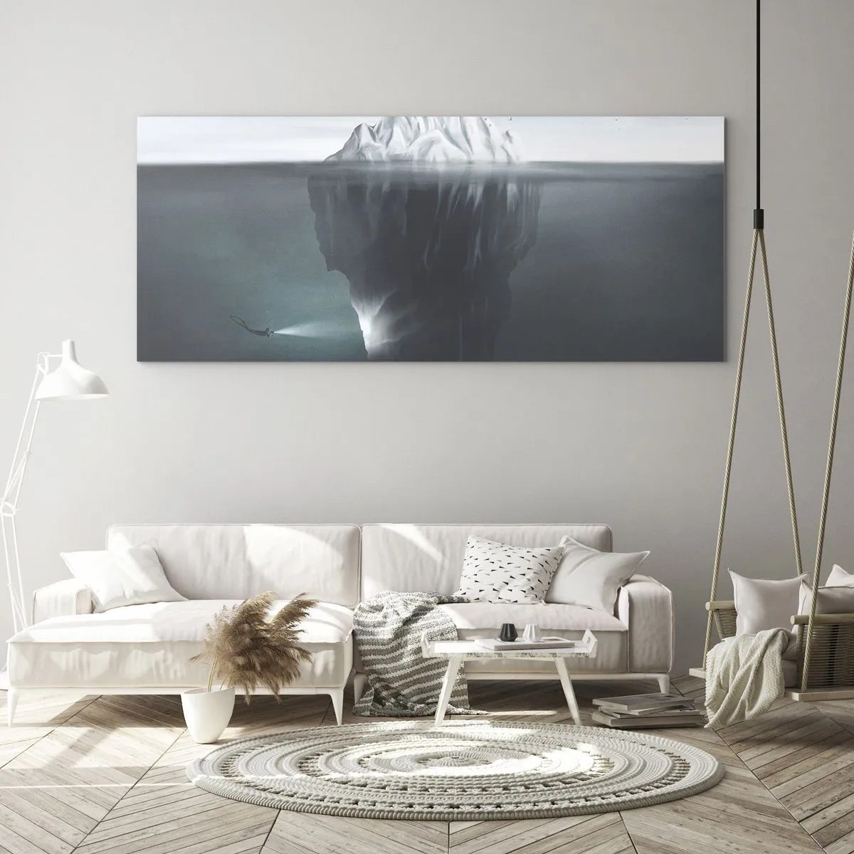 Impression sur verre - Image sur verre - Un iceberg dans l'eau avec un plongeur et un projecteur sous la surface. - 160x50cm - Mystère sous-marin - Décoration murale moderne pour le salon et la chambre ARTTOR