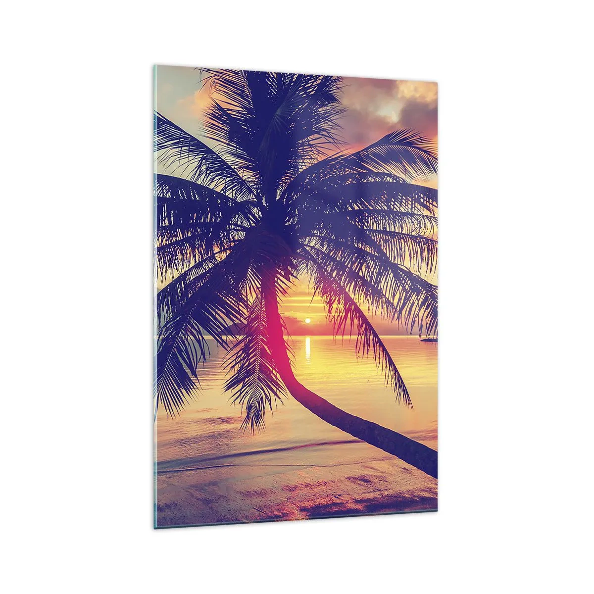 Impression sur verre - Image sur verre - Coucher de soleil avec un palmier sur un rivage tranquille - 70x100cm - Soirée sous les palmiers - Décoration murale moderne pour le salon et la chambre ARTTOR