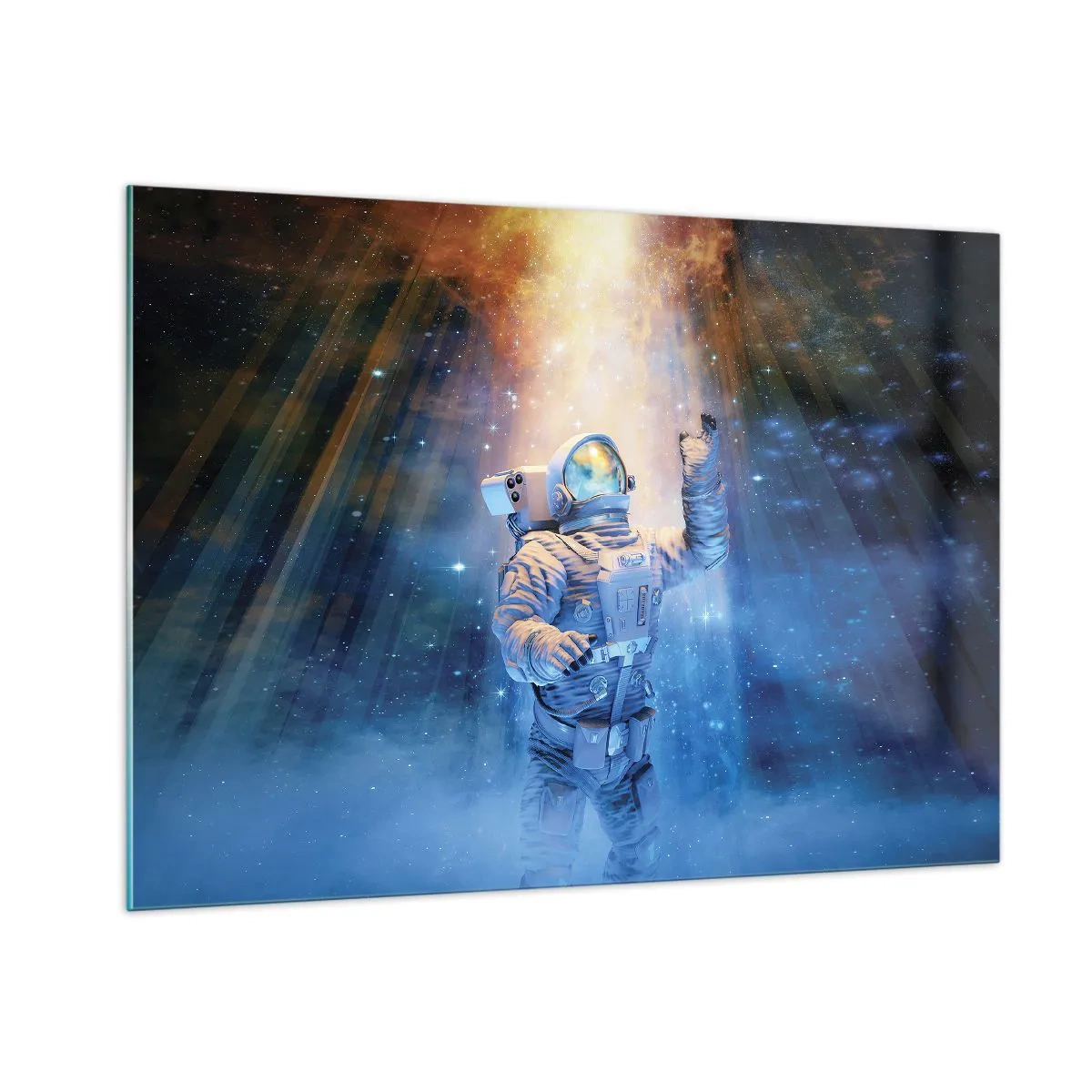 Impression sur verre - Image sur verre - Un astronaute dans l'espace illuminé par des rayons de lumière - 100x70cm - Enfin arrivé - Décoration murale moderne pour le salon et la chambre ARTTOR