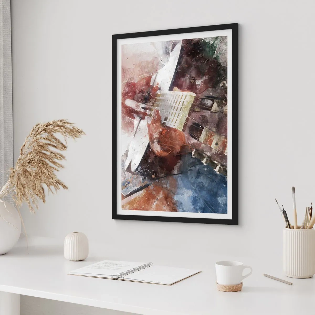 Affiche dans un cadre noir - Poster - Représentation artistique d'une guitare dans un style aquarelle - 50x70cm - Et qu'en pensez-vous ? - Décoration murale moderne pour le salon et la chambre ARTTOR